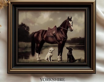 Vintage Horse & Dogs Print: Rustic Equestrian Wall Art (Digital Download)