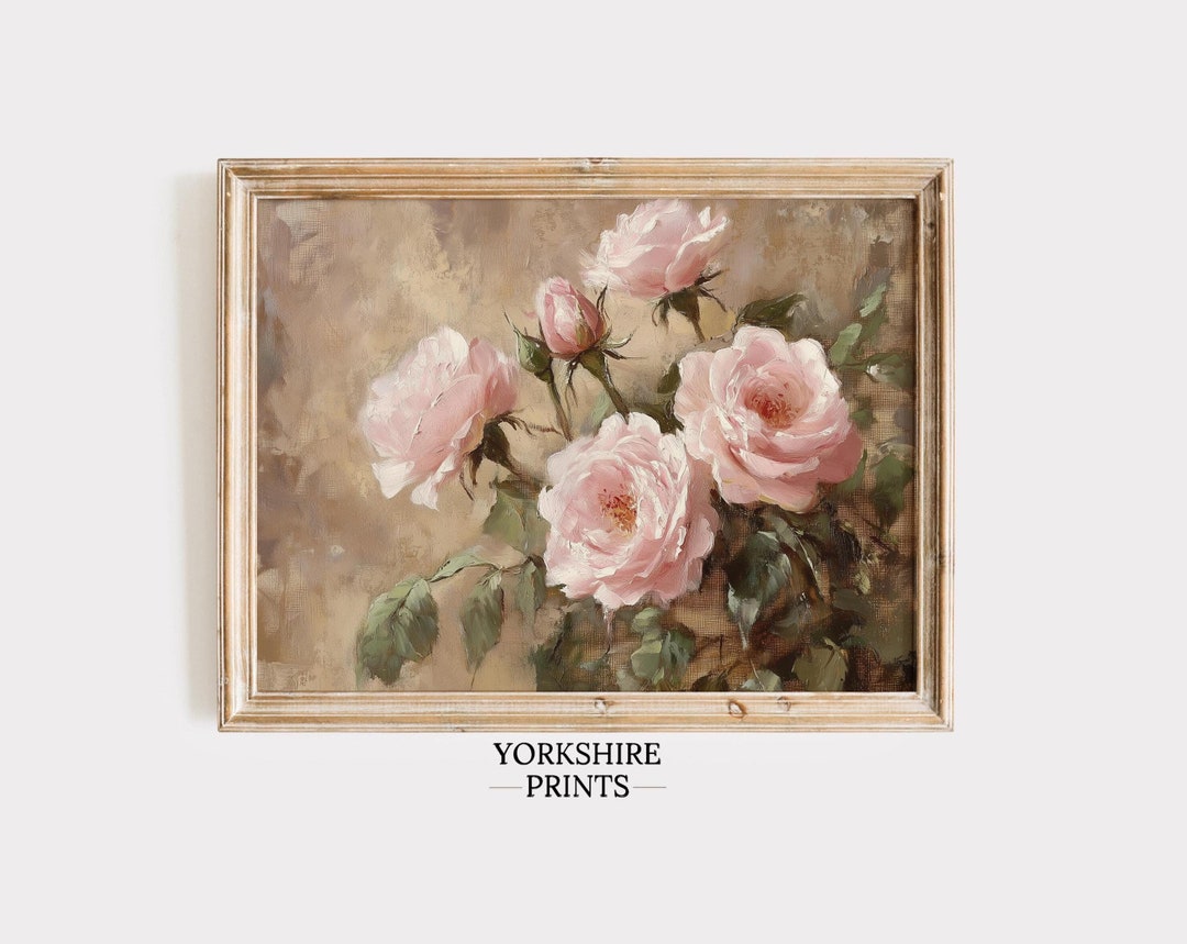 Moody Pink Roses Oil Painting, Vintage Floral Art Print,spring Wall ...