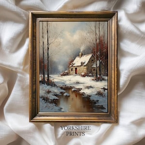 Rustic Winter Cabin Print: Snowy Stone Cottage Christmas Art (Digital Download), Xmas Oil painting