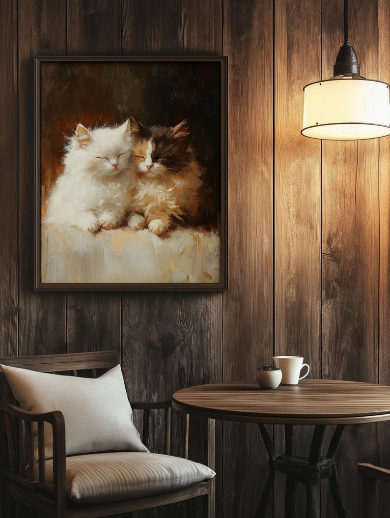 May include: A painting of two white and brown cats sleeping next to each other. The cats are in a soft, cozy setting and their eyes are closed. The painting is framed in a dark wood frame.