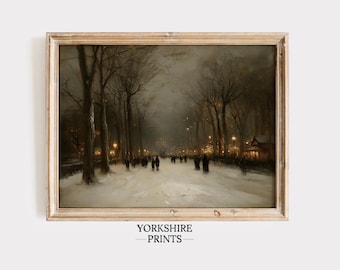 Vintage Winter Evening Stroll Digital Print | Moody Christmas Wall Art | Snowy Street Scene