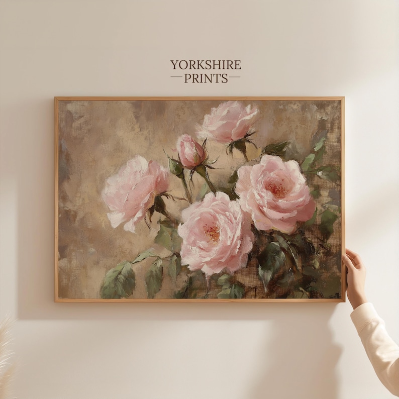 May include: A painting of a bouquet of pink roses with green leaves on a brown background.