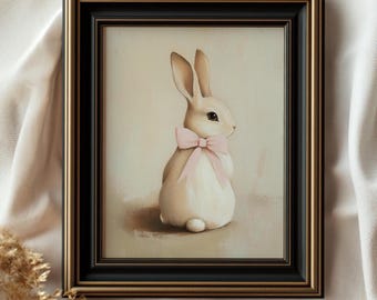 Vintage Easter Bunny Wall Art Print, Rabbit with Pink Bow Digital Download