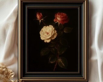 Vintage Rose Oil Painting Print, Moody Floral Still Life Digital Download, Rose Wall Art