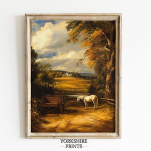 Vintage Pferde und Wagen Wandkunst | Friedliche Landschaft Landschaftsdruck | Rustikale Bauernhof Szene Ölgemälde | Herbst Feld Poster | Herbst Wandbild