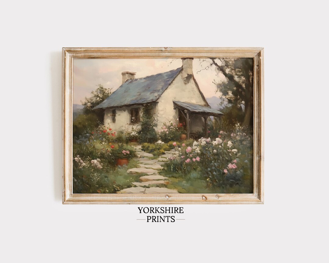 Cottage Garden Print, Vintage Farmhouse Oil Painting, Spring Wall Art ...