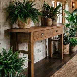 May include: A hallway with stone walls, dark wood flooring, and a wooden console table. Potted plants in woven baskets and hanging lanterns create a natural, inviting atmosphere. A jute rug runs down the centre.