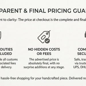 以下が含まれることがあります： 「TRANSPARENT & FINAL PRICING GUARANTEE」のテキストを含む画像。輸入関税、隠れた費用なし、安全な配送のアイコンが含まれています。テキストは、チェックアウト時の価格が最終的な金額であることを示しています。手間のかからないショッピング。