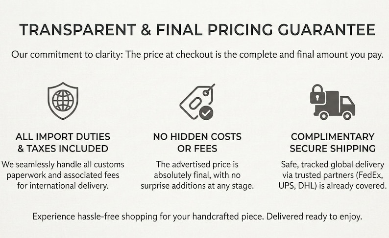 以下が含まれることがあります： 「TRANSPARENT & FINAL PRICING GUARANTEE」のテキストを含む画像。輸入関税、隠れた費用なし、安全な配送のアイコンが含まれています。テキストは、チェックアウト時の価格が最終的な金額であることを示しています。手間のかからないショッピング。