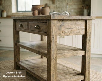 Rustic Kitchen Island with Storage, Reclaimed Wood Kitchen Island with Drawers, Counter Height Kitchen Table, Farmhouse Kitchen Table