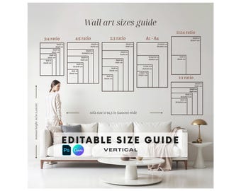 Könnte beinhalten: Ein Wandkunst-Größenleitfaden mit verschiedenen Seitenverhältnissen wie 3:4, 4:5, 2:3, A1-A4, 11:14 und 1:1. Die Grafik enthält spezifische Maße in Zoll und Zentimetern sowie Textbeschriftungen für eine Sofabreite von 240 cm und Körpergröße von 165 cm.