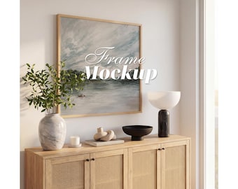 Quadratischer Rahmen-Mockup, skandinavische Interieurszene, minimalistische Wohndekoration, gemütliche Ecke, stilvoller Schrank, moderne Wandkunst (PSD)