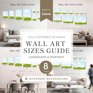 Puede incluir: Una guía de tamaños de arte mural, paisaje y retrato, con ejemplos de diferentes dimensiones. La guía incluye el texto "WALL ART SIZES GUIDE" y "FULLY EDITABLE IN CANVA". Muestra 8 archivos y 4 fondos diferentes.