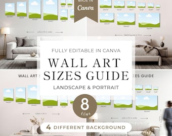 Wall art size guide, editable canvas size mockup template in Canva, print proportions chart and size comparison