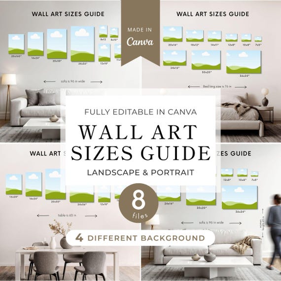 Wall art size guide, editable canvas size mockup template in Canva, print proportions chart and size comparison