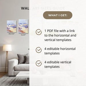 K&ouml;nnte beinhalten: Ein Wandkunst-Gr&ouml;&szlig;enleitfaden mit dem Text WALL ART SIZES GUIDE und WHAT I GET. Er listet 1 PDF-Datei mit einem Link zu horizontalen und vertikalen Vorlagen, 4 bearbeitbare horizontale Vorlagen und 4 bearbeitbare vertikale Vorlagen auf.