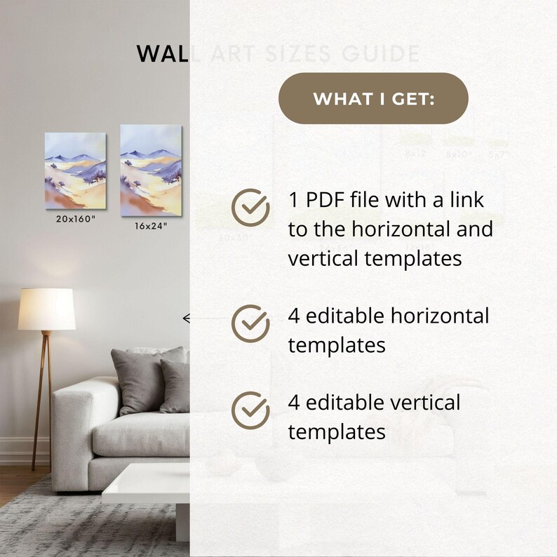 K&ouml;nnte beinhalten: Ein Wandkunst-Gr&ouml;&szlig;enleitfaden mit dem Text WALL ART SIZES GUIDE und WHAT I GET. Er listet 1 PDF-Datei mit einem Link zu horizontalen und vertikalen Vorlagen, 4 bearbeitbare horizontale Vorlagen und 4 bearbeitbare vertikale Vorlagen auf.