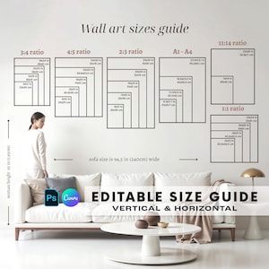 Puede incluir: Una imagen que muestra una guía de tamaños de arte mural con varias relaciones de aspecto y dimensiones en pulgadas y centímetros. La guía incluye proporciones 3:4, 4:5, 2:3, A1-A4 y 11:14, con un sofá de 240 cm (94,5 pulgadas) de ancho. El texto "EDITABLE SIZE GUIDE VERTICAL & HORIZONTAL" es visible.