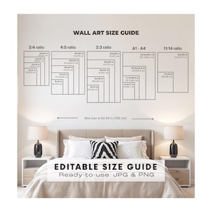 Puede incluir: Una guía de tamaños para arte de pared con varios ratios y dimensiones en centímetros sobre una cama. El texto dice WALL ART SIZE GUIDE, Bed size is 160 cm, y EDITABLE SIZE GUIDE Ready-to-use JPG & PNG.