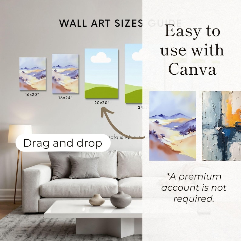 K&ouml;nnte beinhalten: Ein Wandkunst-Gr&ouml;&szlig;enleitfaden f&uuml;r Canva mit verschiedenen rechteckigen Landschafts- und abstrakten Drucken &uuml;ber einem Sofa. Der Text enth&auml;lt WALL ART SIZES GUIDE, Easy to use with Canva, Drag and drop und A premium account is not required.