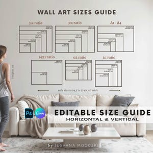 Puede incluir: Una guía de tamaños de arte mural con varias relaciones de aspecto, incluyendo 5:4, 3:2, 14:11, 4:3 y 1:1, con medidas en cm y pulgadas. Se muestra el texto "EDITABLE SIZE GUIDE HORIZONTAL & VERTICAL". El sofá mide 240 cm de ancho.