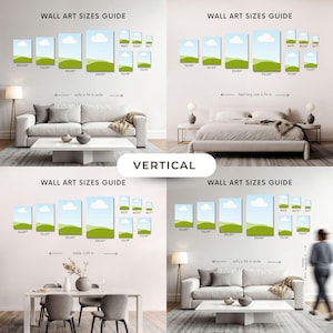 K&ouml;nnte beinhalten: Ein Wandkunst-Gr&ouml;&szlig;enleitfaden mit vier Innenszenen, die verschiedene vertikale Leinwandma&szlig;e in Zoll zeigen, darunter 8x10, 16x20, 20x30 und 24x36, platziert &uuml;ber M&ouml;belst&uuml;cken mit spezifischen Breitenangaben in Zoll.