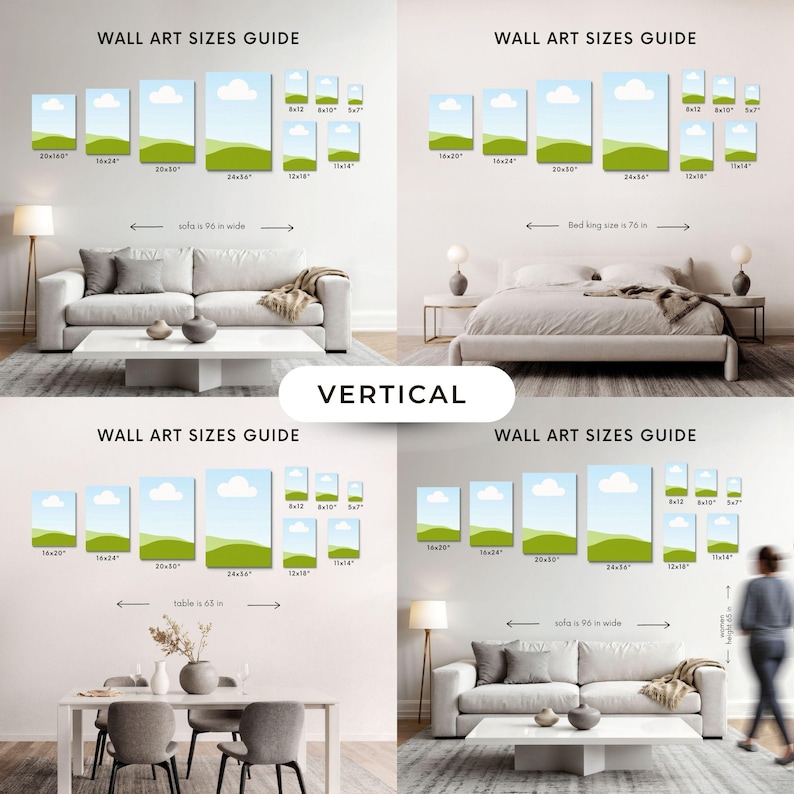 K&ouml;nnte beinhalten: Ein Wandkunst-Gr&ouml;&szlig;enleitfaden mit vier Innenszenen, die verschiedene vertikale Leinwandma&szlig;e in Zoll zeigen, darunter 8x10, 16x20, 20x30 und 24x36, platziert &uuml;ber M&ouml;belst&uuml;cken mit spezifischen Breitenangaben in Zoll.
