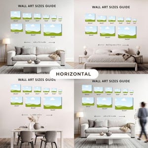 K&ouml;nnte beinhalten: Ein Wandkunst-Gr&ouml;&szlig;enleitfaden mit vier Innenraumszenen und horizontalen Landschaftsdrucken. Jede Szene zeigt verschiedene Leinwandabmessungen in Zoll, darunter 20x16, 18x12, 14x11, 12x8, 10x8, 7x5, 24x16, 30x20 und 36x24, beschriftet mit Text.