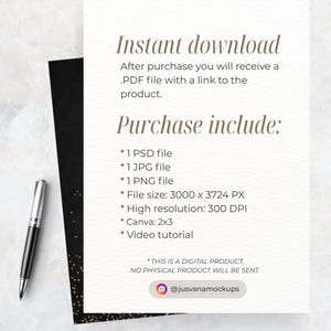Puede incluir: Una tarjeta blanca con texto negro que dice Instant download, Purchase include: 1 PSD file, 1 JPG file, 1 PNG file, File size: 3000 x 3724 PX, High resolution: 300 DPI, Canva: 2x3, Video tutorial, THIS IS A DIGITAL PRODUCT, NO PHYSICAL PRODUCT WILL BE SENT.