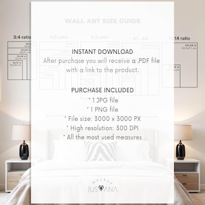 K&ouml;nnte beinhalten: Eine Gr&ouml;&szlig;entabelle f&uuml;r Wandkunst mit dem Text: WALL ART SIZE GUIDE, INSTANT DOWNLOAD, After purchase you will receive a .PDF file with a link to the product. PURCHASE INCLUDED, 1 JPG file, 1 PNG file, File size: 3000 x 3000 PX, High resolution: 300 DPI, All the most used measures, sowie das Logo JUSANA.