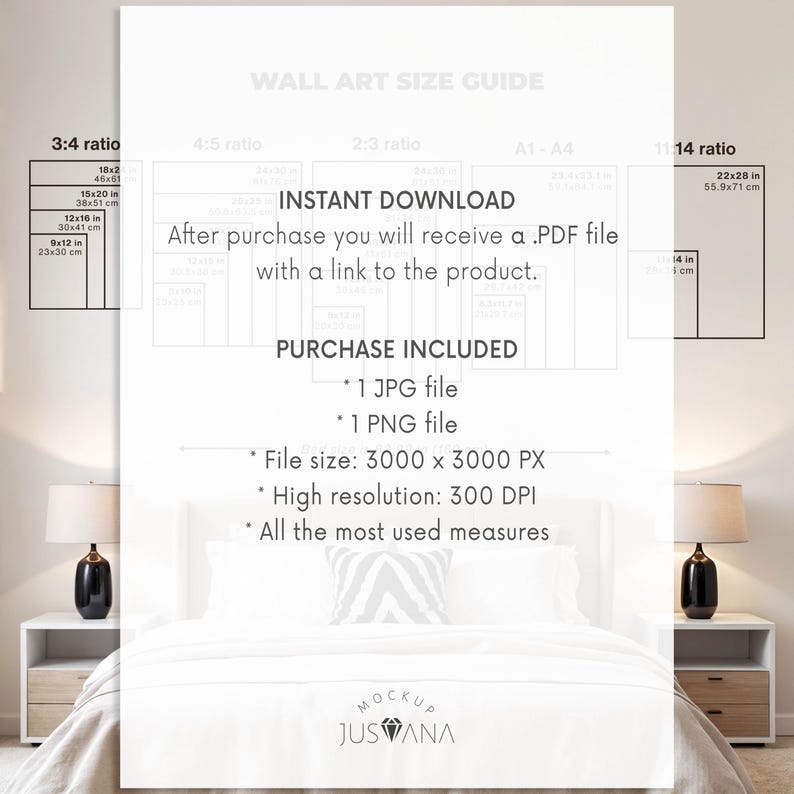 K&ouml;nnte beinhalten: Eine Gr&ouml;&szlig;entabelle f&uuml;r Wandkunst mit dem Text: WALL ART SIZE GUIDE, INSTANT DOWNLOAD, After purchase you will receive a .PDF file with a link to the product. PURCHASE INCLUDED, 1 JPG file, 1 PNG file, File size: 3000 x 3000 PX, High resolution: 300 DPI, All the most used measures, sowie das Logo JUSANA.