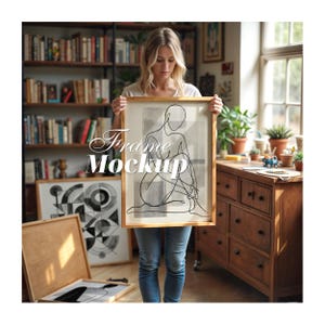 Puede incluir: Un marco de madera rectangular que contiene un dibujo de líneas en blanco y negro de una figura sentada. La obra presenta una silueta de línea negra continua sobre un fondo de cuadrados geométricos de color gris claro. El texto Frame Mockup es visible.