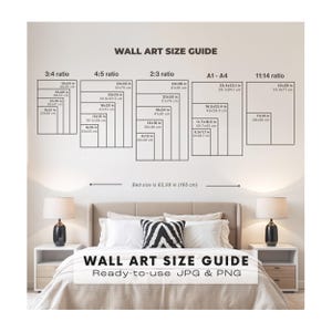 Op de afbeelding: Een wandkunst-maatgids met diverse beeldverhoudingen en afmetingen in cm, waaronder 3:4, 4:5, 2:3, A1-A4 en 11:14. De tekst luidt WALL ART SIZE GUIDE en Ready-to-use JPG & PNG, met een bedmaat-referentie van 160 cm.