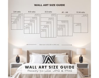 Größenratgeber für Wandbilder, Poster- und Rahmengrößentabelle für Kunstdrucke, Referenz für Wanddekoration (JPG PNG)