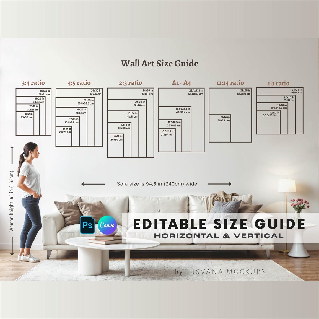 Horizontal Sizing Frame Size Guide Mockup, Horizontal and Vertical Poster Size Chart ...