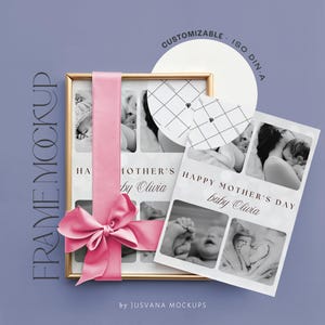 Customizable Frame and Greeting Card Mockup | PSD Poster Mockup with Editable Ribbon and Background | Gift Scene for Valentine, Mother’s Day