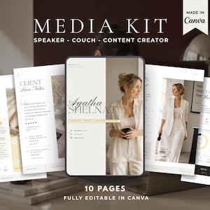 Könnte beinhalten: Eine digitale Medienkit-Vorlage für Canva mit 10 Seiten in einer neutralen Farbpalette. Das Design enthält Abschnitte für Kundenreferenzen, Reichweite und professionelle Profile mit dem Text Agatha Shelnat, Speaker, Coach, Content Creator.
