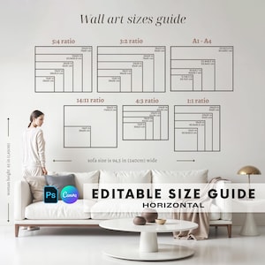 Puede incluir: Una guía de tamaños de arte mural con varias relaciones de aspecto, incluyendo 5:4, 3:2, 14:11, 4:3 y 1:1, con medidas en pulgadas y cm. El texto "EDITABLE SIZE GUIDE HORIZONTAL" también está presente.