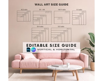 Könnte beinhalten: Eine Wandkunst-Größentabelle mit verschiedenen Seitenverhältnissen und Maßen in Zoll und Zentimetern, platziert über einem rosa Sofa und einem Marmor-Couchtisch. Der Text lautet WALL ART SIZE GUIDE und EDITABLE SIZE GUIDE.