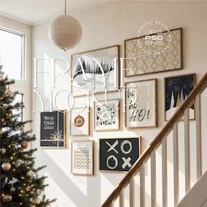 Maquettes de cadres pour affiches, maquettes de cadres pour galeries d'art, maquettes de cadres de Noël, maquettes de cadres pour galeries d'art sous différents angles, maquettes de cadres multiples personnalisables