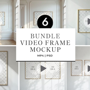 Puede incluir: Una maqueta con seis marcos de vídeo con bordes dorados, cada uno con un botón de reproducción. Los marcos están colocados contra una pared blanca en una habitación luminosa. También se ve el texto "BUNDLE VIDEO FRAME MOCKUP MP4 | PSD".