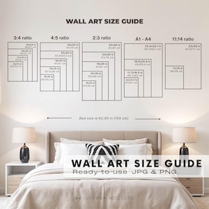May include: Wall art size guide with various aspect ratios and dimensions in inches and centimeters. Includes 3:4, 4:5, 2:3, A1-A4, and 11:14 ratios. Text reads "Ready-to-use JPG & PNG" and "Bed size is 62.99 in (160 cm)".