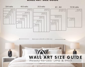 Größenratgeber für Wandbilder, Poster- und Rahmengrößentabelle für Kunstdrucke, Referenz für Wanddekoration (JPG PNG)