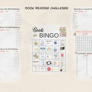 May include: A beige paper featuring reading challenges. Includes forms for "Read Across the USA Challenge" and "Read Across Canada Challenge", a "Book Bingo" game, a "Read 100 Books" chart, and an "Alphabet Reading" chart. The image has a casual, inviting aesthetic.
