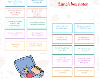 May include: A collection of colorful lunch box notes with positive affirmations and a blue lunchbox illustration containing a sandwich, fruit, and grapes. The notes have phrases like "You're the best part of my day."