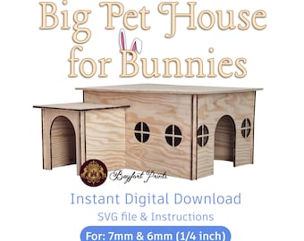 Könnte beinhalten: Ein helles Holzhaus für Kaninchen mit Bogentüren und runden Fenstern. Der Text lautet Big Pet House for Bunnies, Bayfort Prints, Instant Digital Download, SVG file & Instructions und For: 7mm & 6mm (1/4 inch).