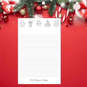 May include: A white lined notepad with festive Christmas-themed illustrations at the top, including a gingerbread man, elf, snowman, Christmas tree, and Santa Claus. The notepad is set against a red background with Christmas decorations.