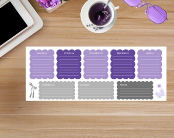 May include: A weekly planner with scalloped edges, featuring sections for each day of the week in shades of purple and gray. Includes decorative elements like a bow and butterfly. A laptop, flowers, a cup of tea, and purple sunglasses are also visible.