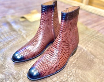 Handmade Python Textured Leather Ankle Boots | Full Grain, Zipper