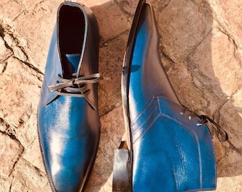 Handmade Blue Leather Chukka Boots | Men’s Dress Shoes